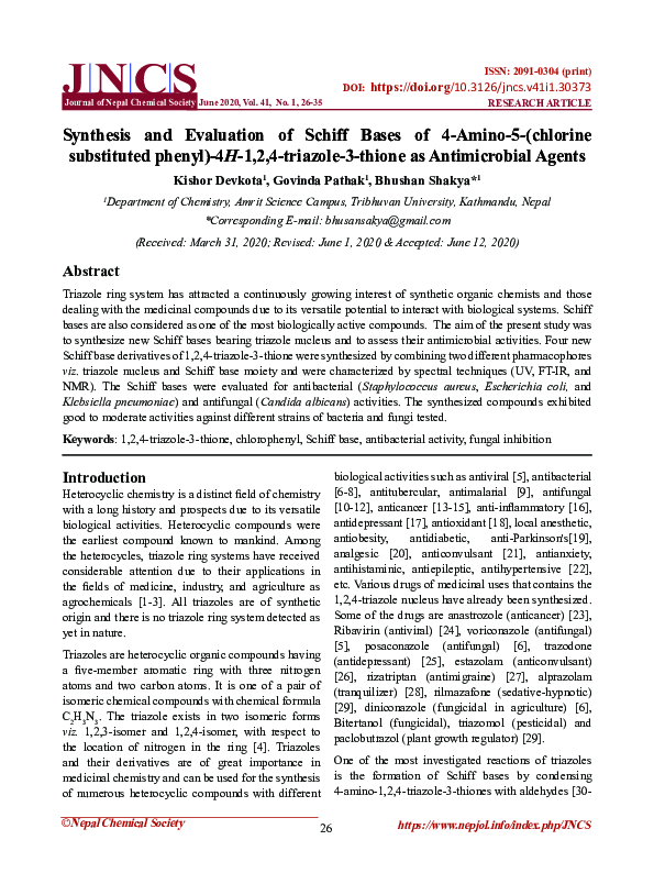 (PDF) Synthesis and Evaluation of Schiff Bases of 4-Amino-5-(chlorine ...