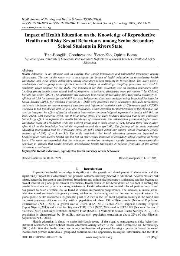 (PDF) Impact of Health Education on the Knowledge of Reproductive ...