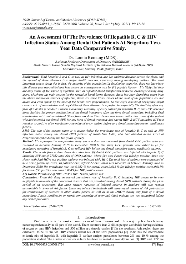 (PDF) An Assessment Of The Prevalence Of Hepatitis B, C & HIV Infection ...