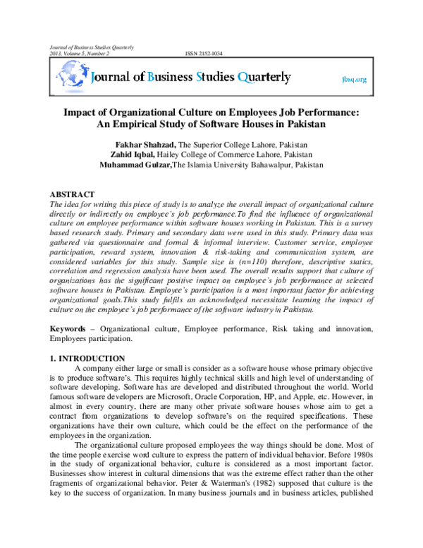 (PDF) Impact of organizational culture on employees’ job performance