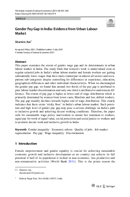 (PDF) Gender Pay Gap in India: Evidence from Urban Labour Market
