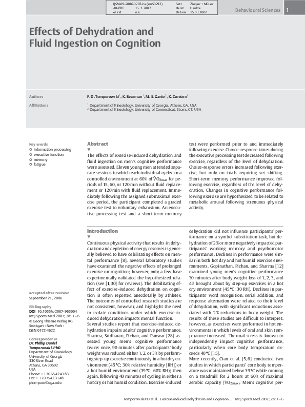 (PDF) Effects of Dehydration and Fluid Ingestion on Cognition Phillip