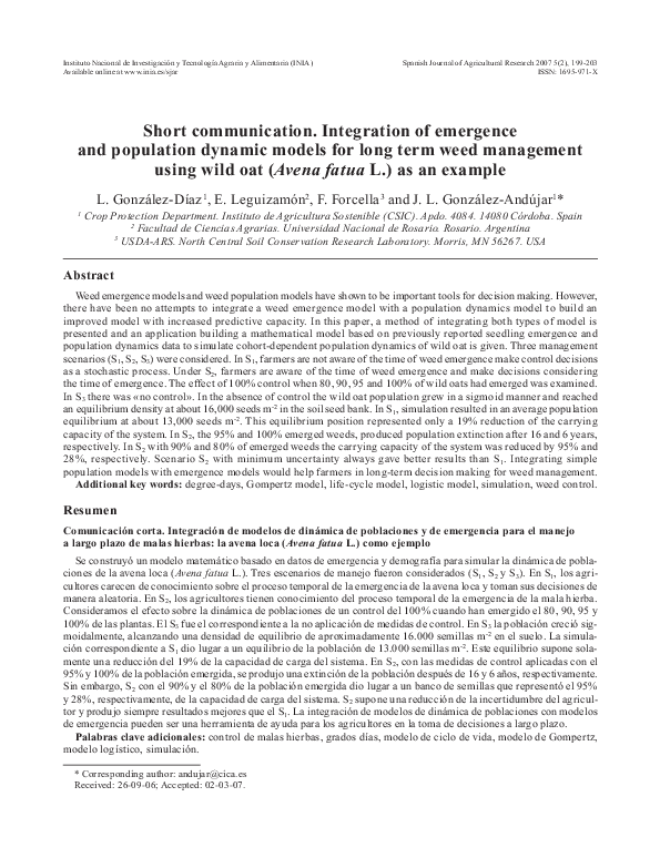 Short communication. Integration of emergence and population dynamic models for long term weed management using wild oat (Avena fatua L.) as an example