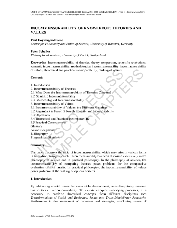 (PDF) Incommensurability of Knowledge: Theories and Values