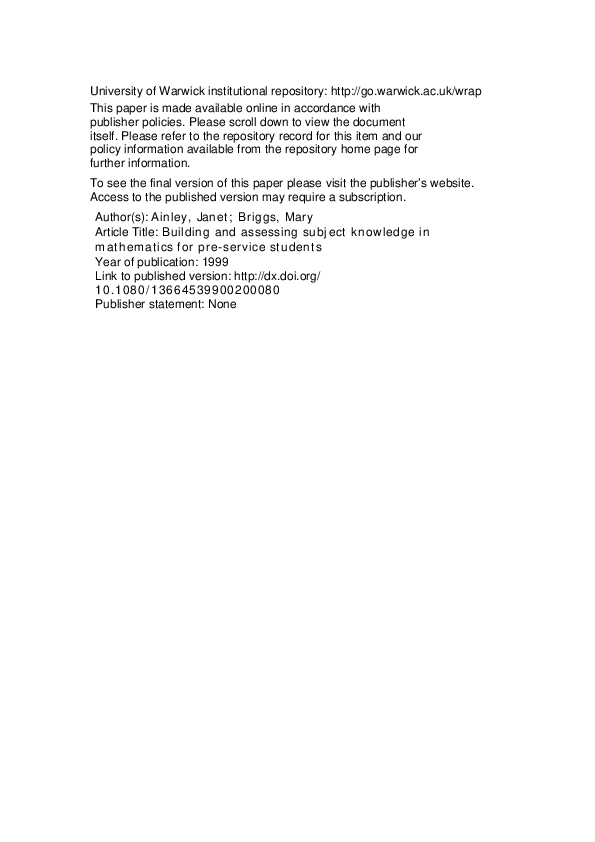 (PDF) Building and assessing subject knowledge in mathematics for pre ...