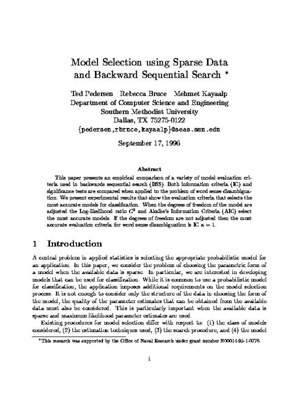 (PDF) Model selection using sparse data and backward sequential search