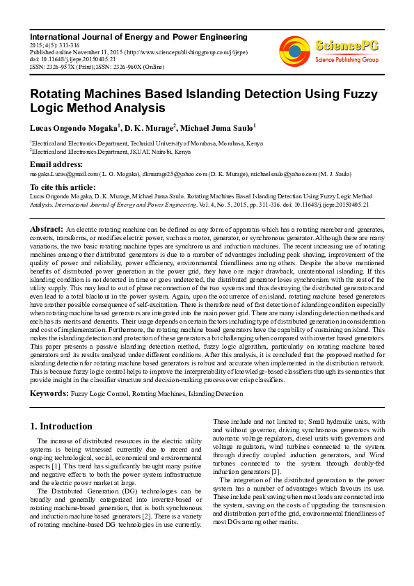 (PDF) Rotating Machines Based Islanding Detection Using Fuzzy Logic ...