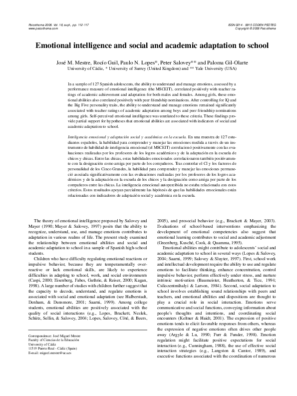 (PDF) Emotional intelligence and social and academic adaptation to school