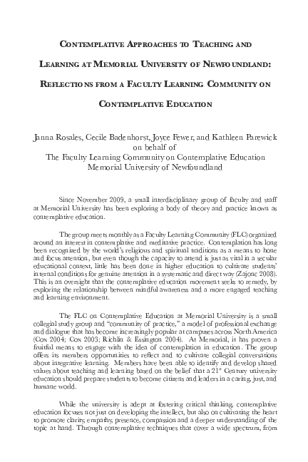 (PDF) Contemplative Approaches to Teaching and Learning at Memorial ...