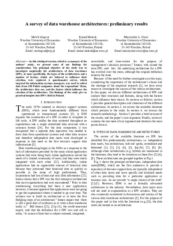 (PDF) A survey of data warehouse architectures—Preliminary results