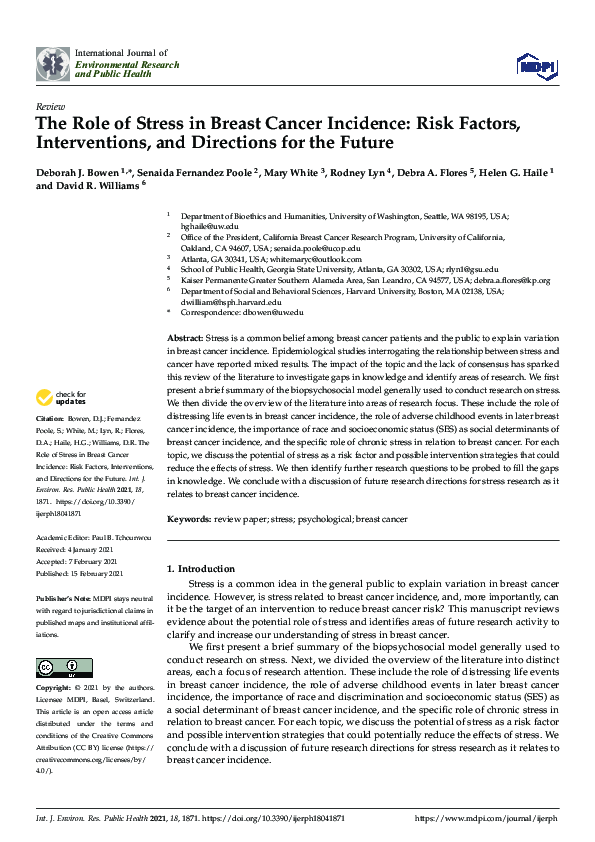 (PDF) The Role of Stress in Breast Cancer Incidence: Risk Factors ...