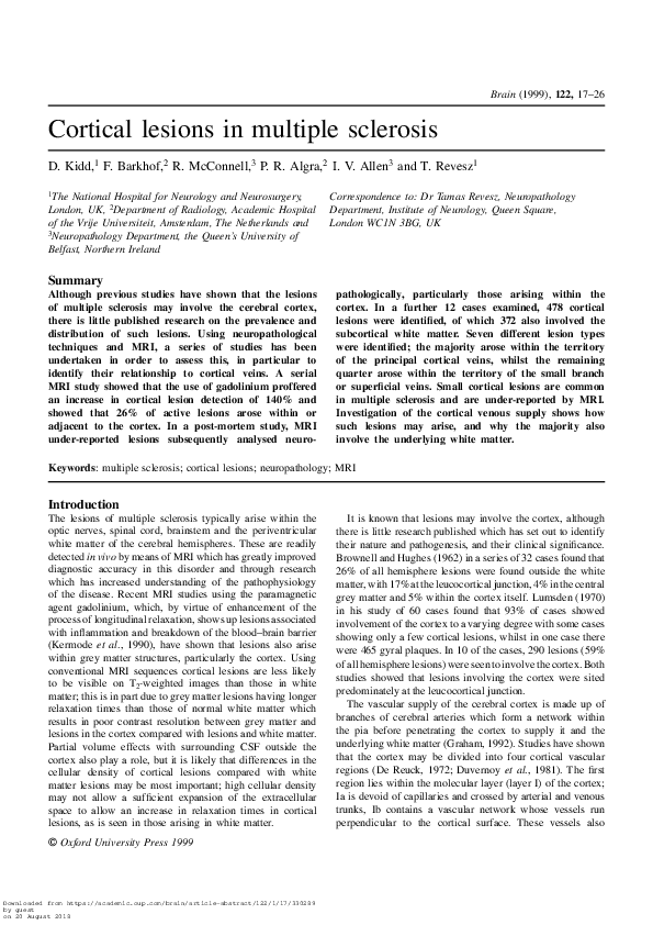 (PDF) Cortical lesions in multiple sclerosis