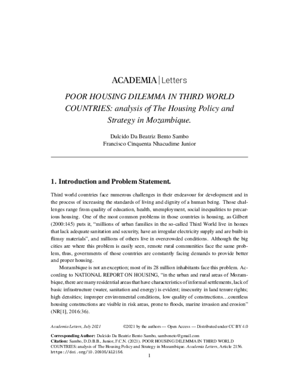 (PDF) POOR HOUSING DILEMMA IN THIRD WORLD COUNTRIES: analysis of The ...