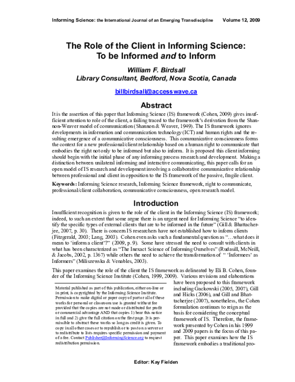 (PDF) The role of the client in informing science: To be Informed and ...