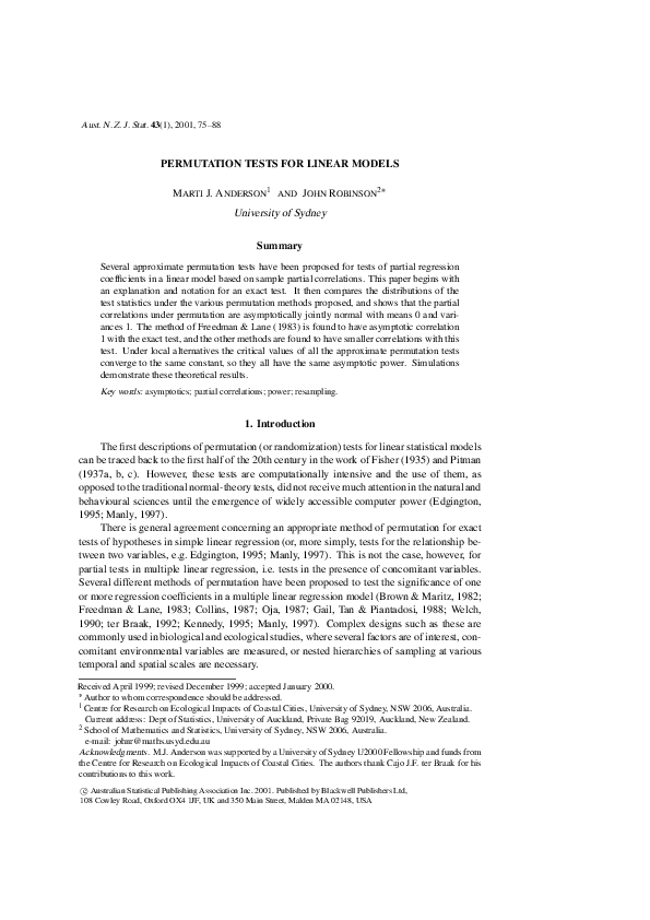 (PDF) Permutation Tests for Linear Models