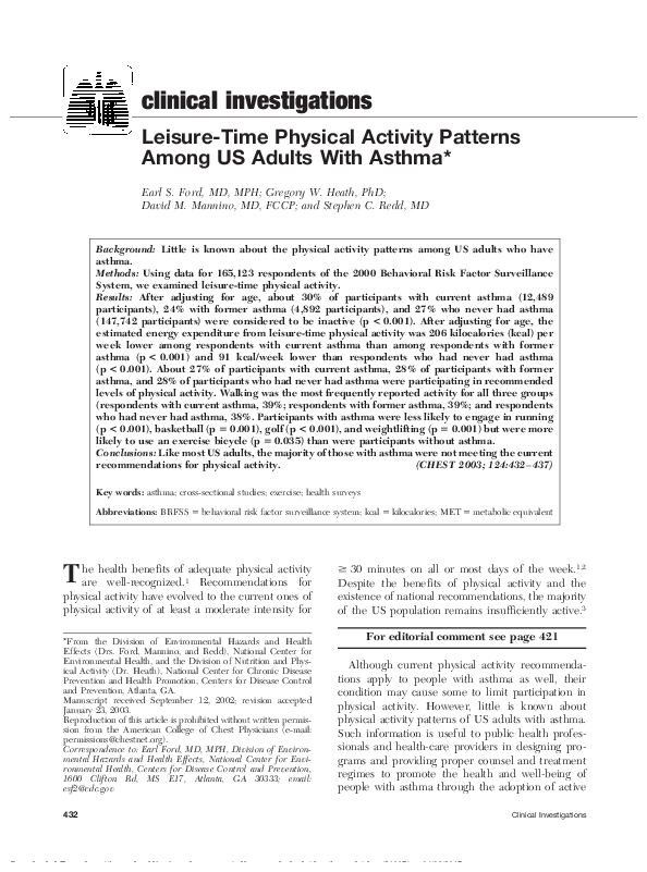(PDF) Leisure-Time Physical Activity Patterns Among US Adults With Asthma