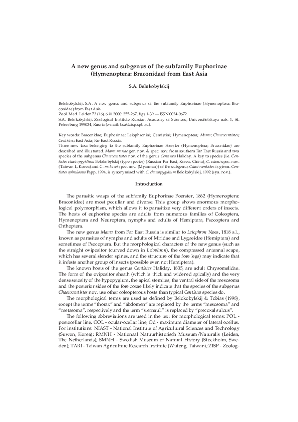 (PDF) A new genus and subgenus of the subfamily Euphorinae (Hymenoptera ...