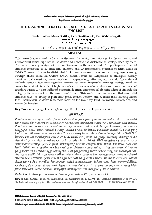 (PDF) The Learning Strategies Used by EFL Students in Learning English