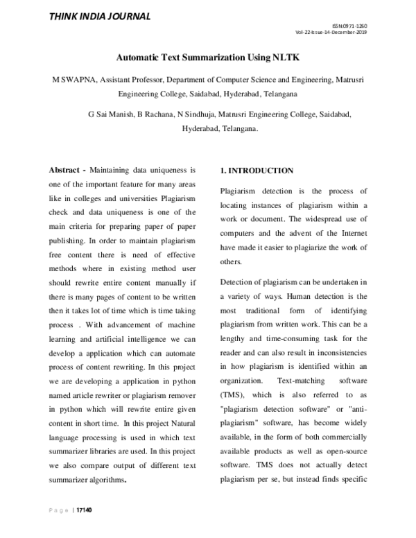 (PDF) Automatic Text Summarization Using NLTK