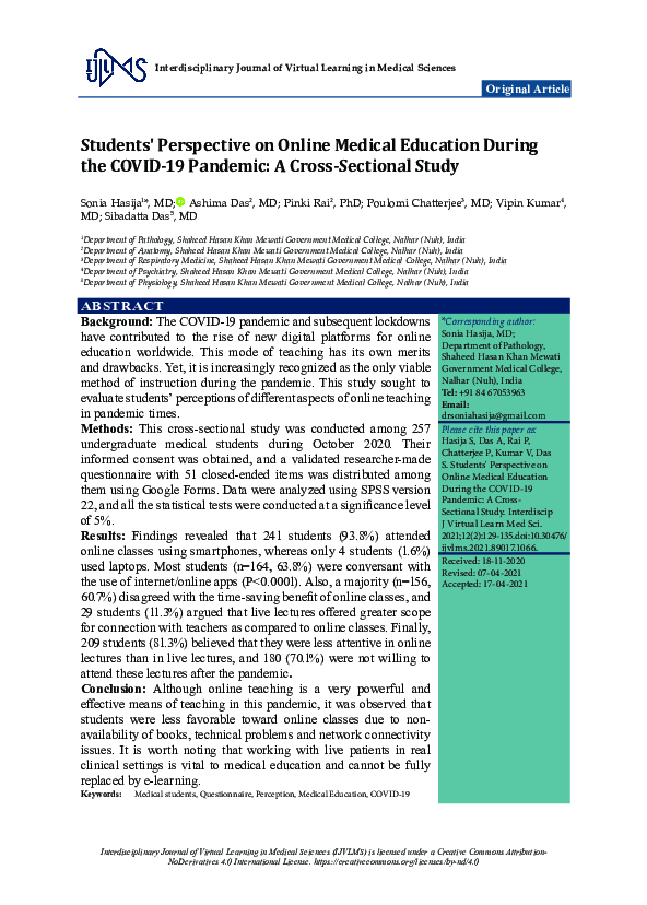 (PDF) Students' Perspective on Online Medical Education During the ...
