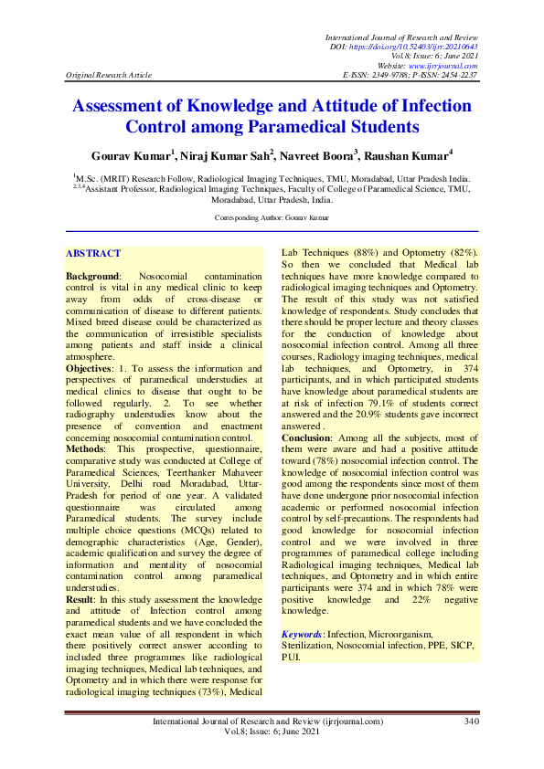 (PDF) Assessment of Knowledge and Attitude of Infection Control among ...