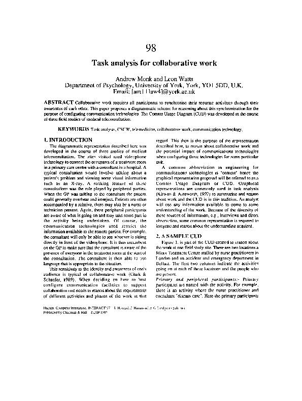 (PDF) Task analysis for collaborative work