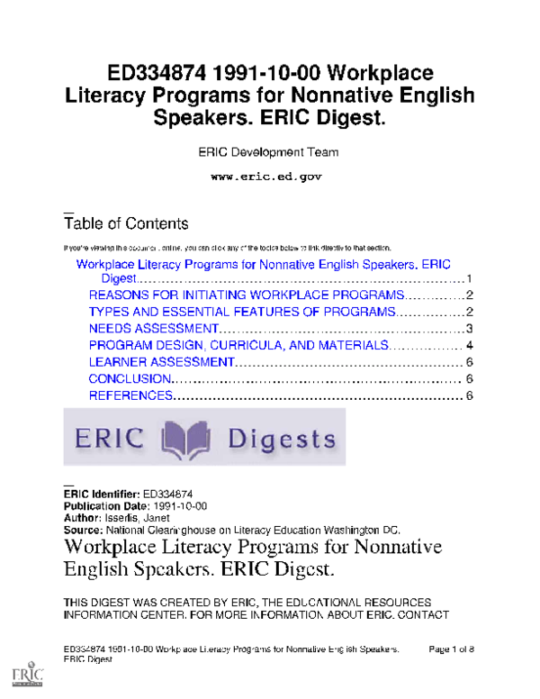 (PDF) Workplace Literacy Programs for Nonnative English Speakers. ERIC ...