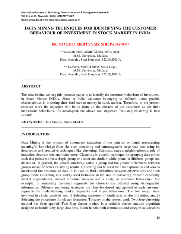 (PDF) DATA MINING TECHNIQUES FOR IDENTIFYING THE CUSTOMER BEHAVIOUR OF ...