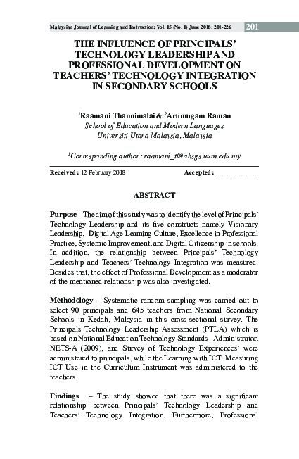 (PDF) The Influence of Principals' Technology Leadership and ...