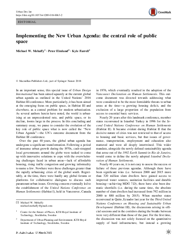 (PDF) Implementing the New Urban Agenda: the central role of public space