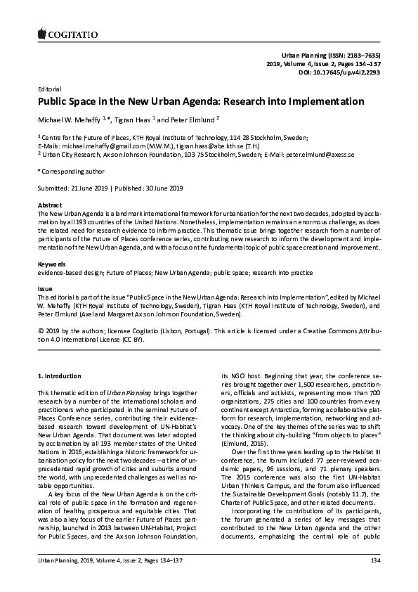 (PDF) Public Space in the New Urban Agenda: Research into Implementation
