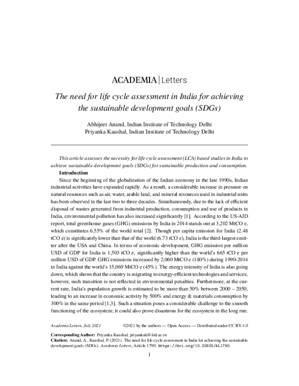  PDF The Need For Life Cycle Assessment In India For Achieving The Sustainable Development 