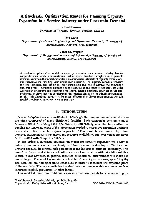 (PDF) A stochastic optimization model for planning capacity expansion ...