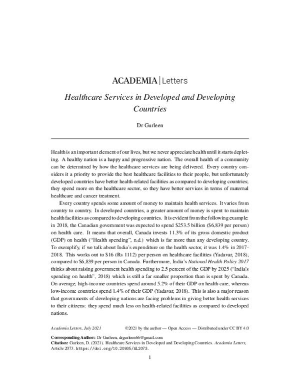 (PDF) Healthcare Services in Developed and Developing Countries