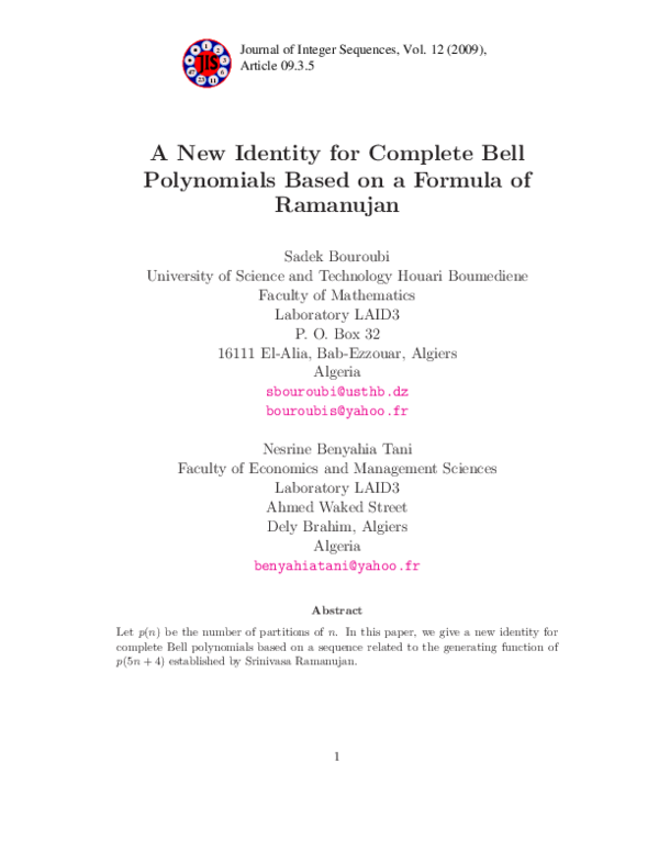 (PDF) A new identity for complete Bell polynomials based on a formula ...