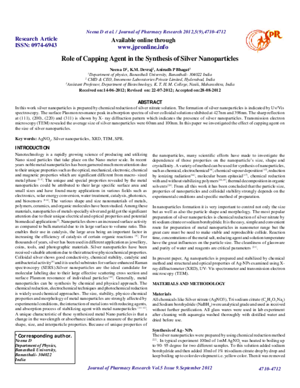 (PDF) Role of Capping Agent in the synthesis of silver nanoparticles