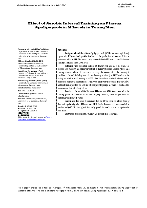 (PDF) Effect of Aerobic Interval Training on Plasma Apolipoprotein M ...
