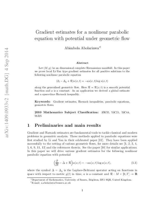 (PDF) Gradient estimates for a nonlinear parabolic equation with ...