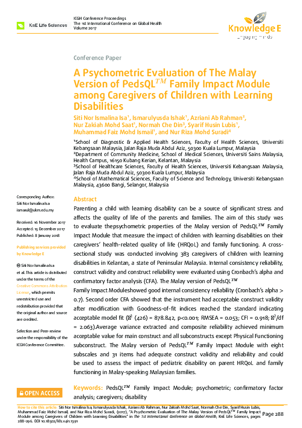 (PDF) A Psychometric Evaluation of The Malay Version of PedsQLTM Family ...