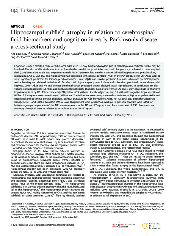 (PDF) Hippocampal subfield atrophy in relation to cerebrospinal fluid ...