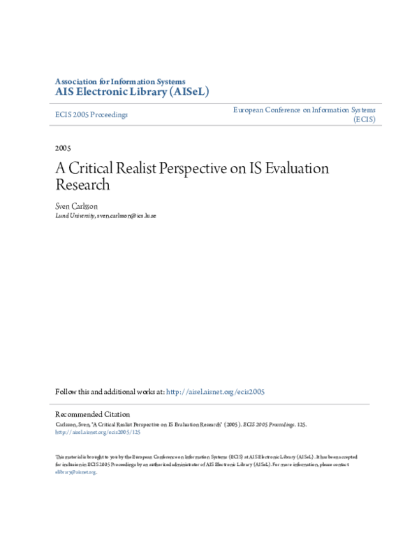 (PDF) A Critical Realist Perspective on IS Evaluation Research