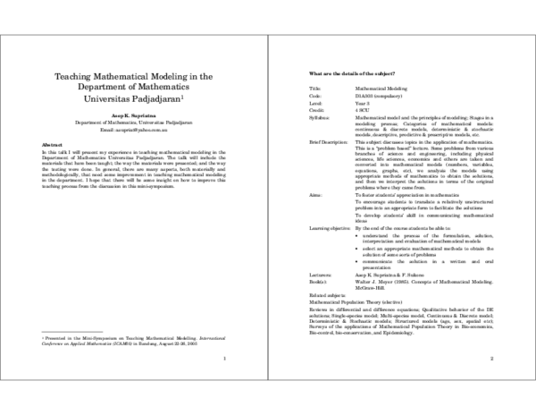 (PDF) Teaching Mathematical Modeling in the Department of