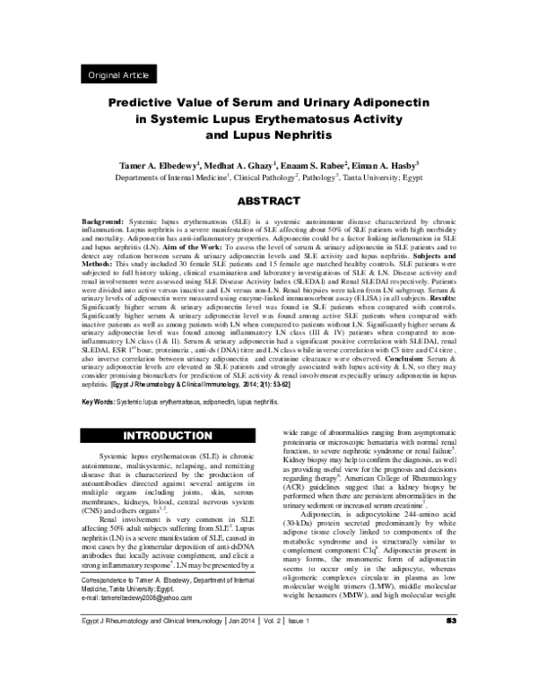 (PDF) Predictive Value of Serum and Urinary Adiponectin in Systemic ...