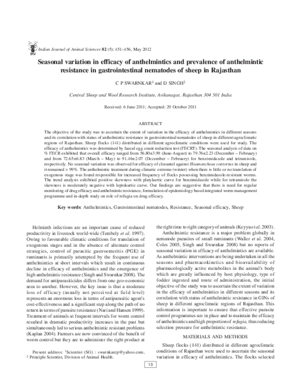 (PDF) Seasonal variation in efficacy of anthelmintics and prevalence of ...