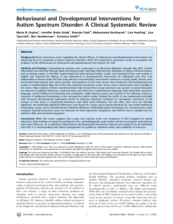 (PDF) Behavioural and developmental interventions for autism spectrum ...