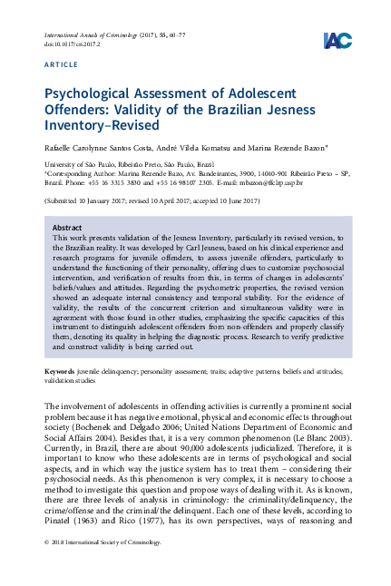 (PDF) Psychological Assessment of Adolescent Offenders: Validity of the ...