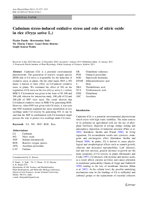 (PDF) Cadmium stress-induced oxidative stress and role of nitric oxide ...