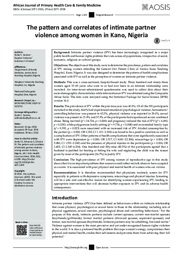 (PDF) The pattern and correlates of intimate partner violence among ...