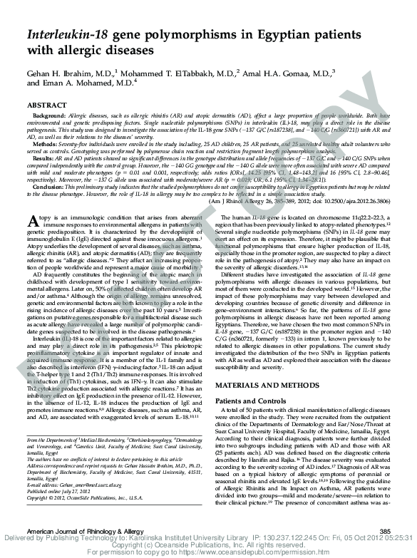 (PDF) Interleukin-18 gene polymorphisms in Egyptian patients with ...