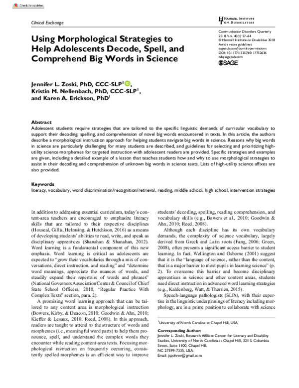 (PDF) Using Morphological Strategies to Help Adolescents Decode, Spell ...